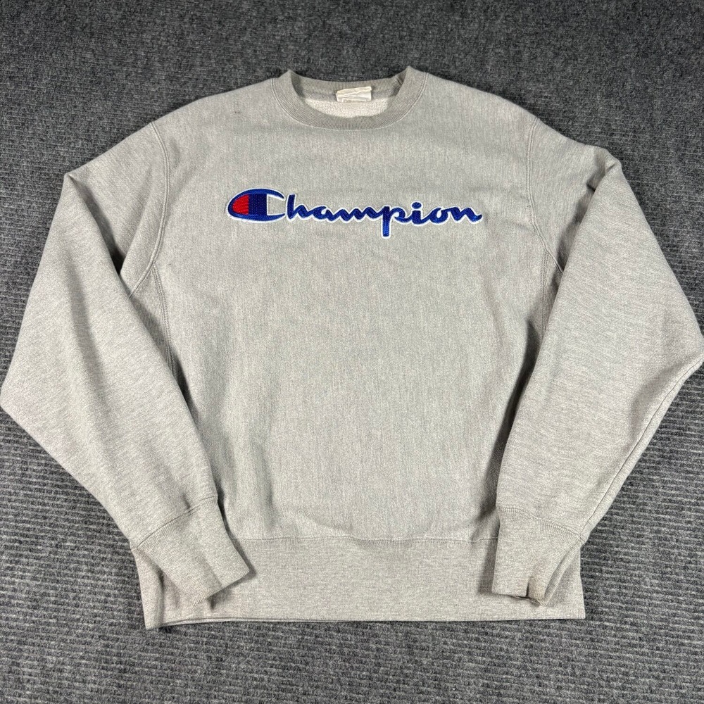 Champion Reverse Weave Sweatshirt Mens Medium Gray Excellent Big Script Logo